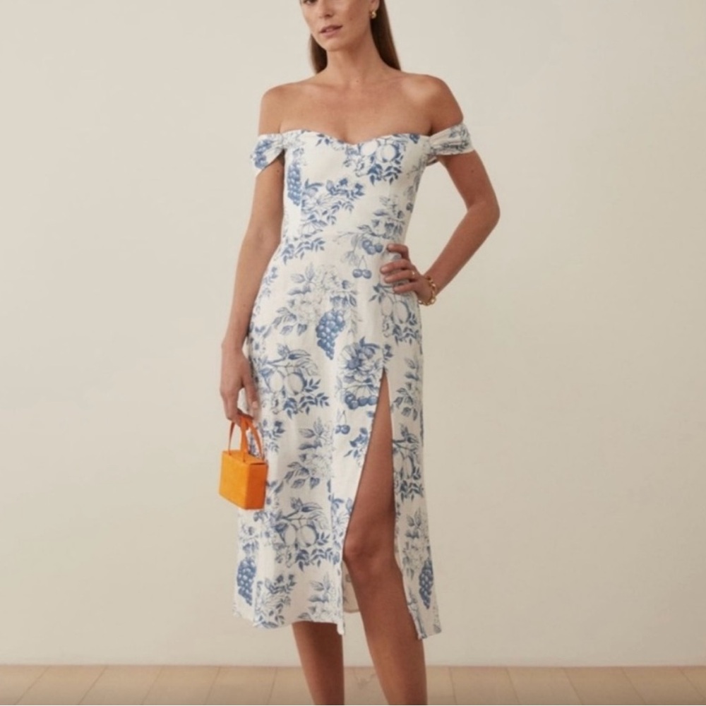 Reformation White and blue Off-Shoulder Dress with Slit